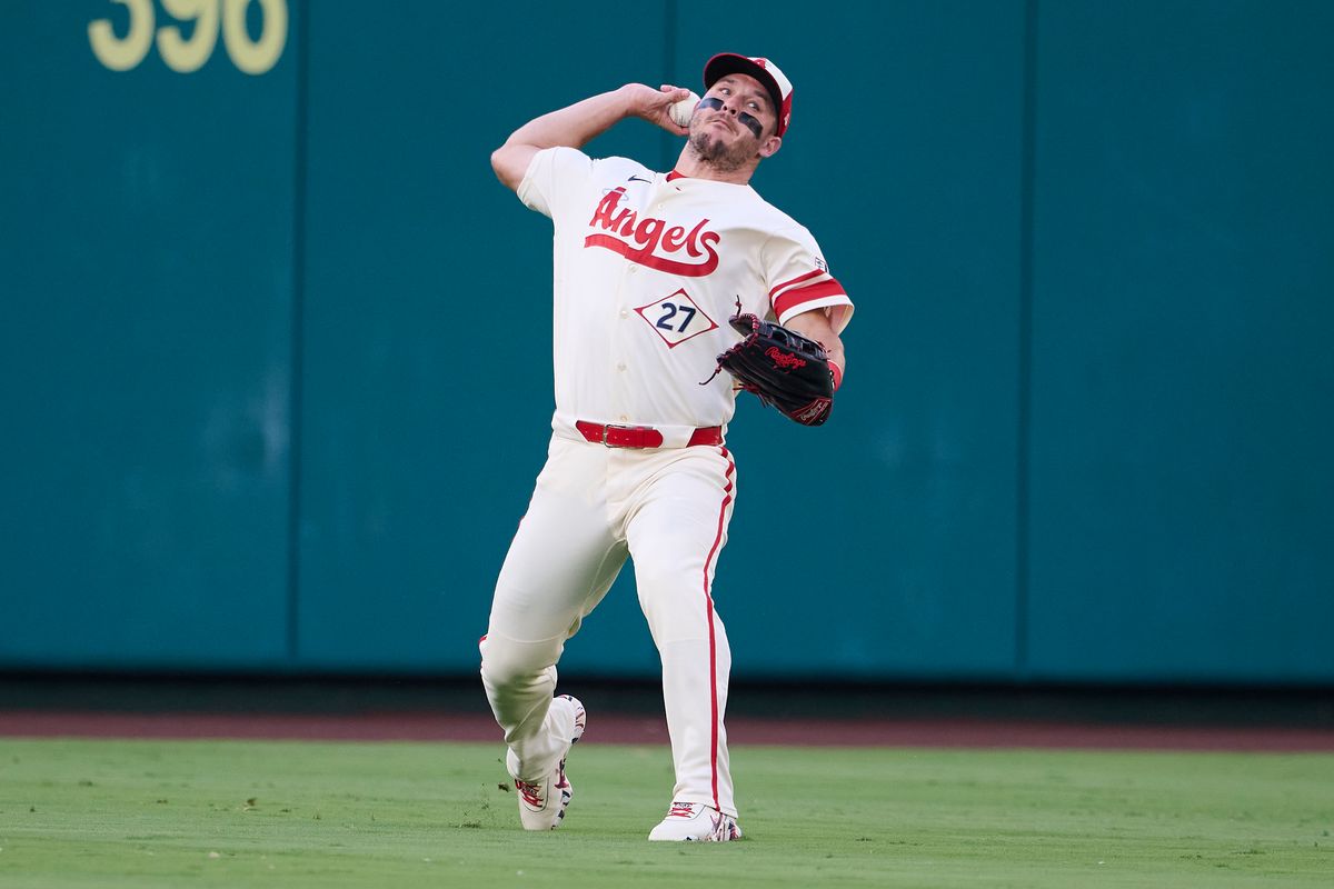 The Los Angeles Angels Mike Trout #27 throw’s the ball during an MLB game against The Milwaukee Brewers on July 31st, 2026 at Angel Stadium in Anaheim, California.