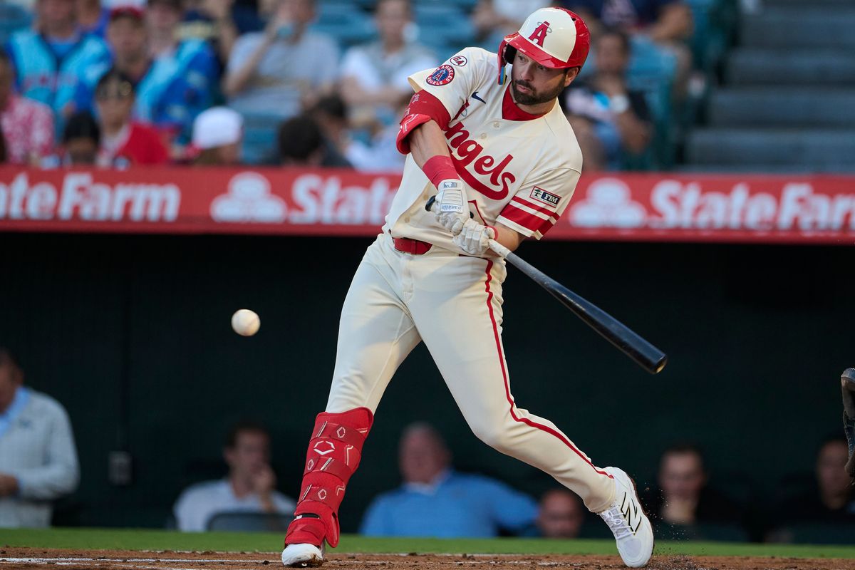 The Los Angeles Angels Nolan Schanuel #18 at bat during an MLB game against The Milwaukee Brewers on July 31st, 2026 at Angel Stadium in Anaheim, California