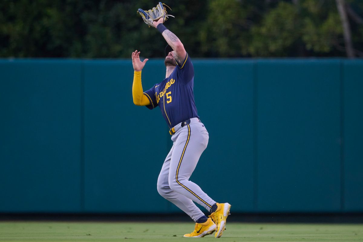 The Milwaukee Brewers Garrett Mitchell #5 catches the ball during an MLB game against The Los Angeles Angels on July 31st, 2026 at Angel Stadium in Anaheim, California.