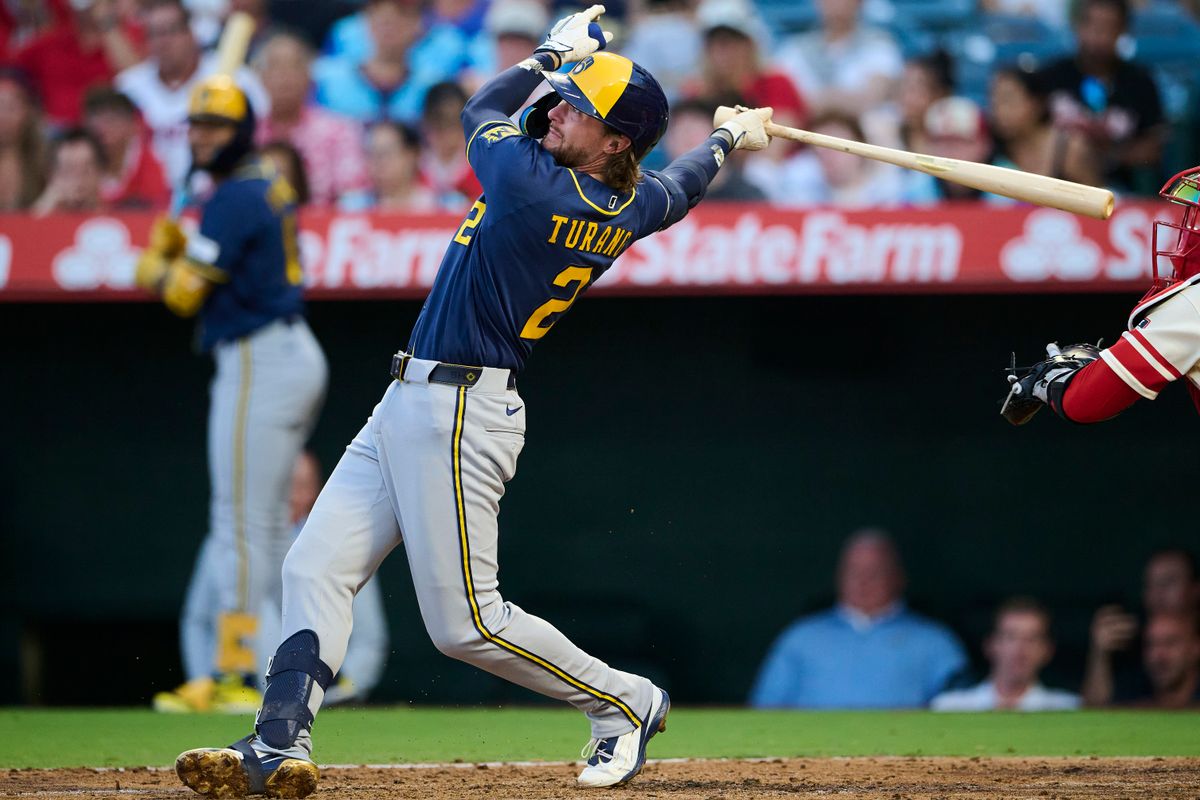 The Milwaukee Brewers Brice Turang #2 hits a two run home-run during an MLB game against The Los Angeles Angels on July 31st, 2026 at Angel Stadium in Anaheim, California.