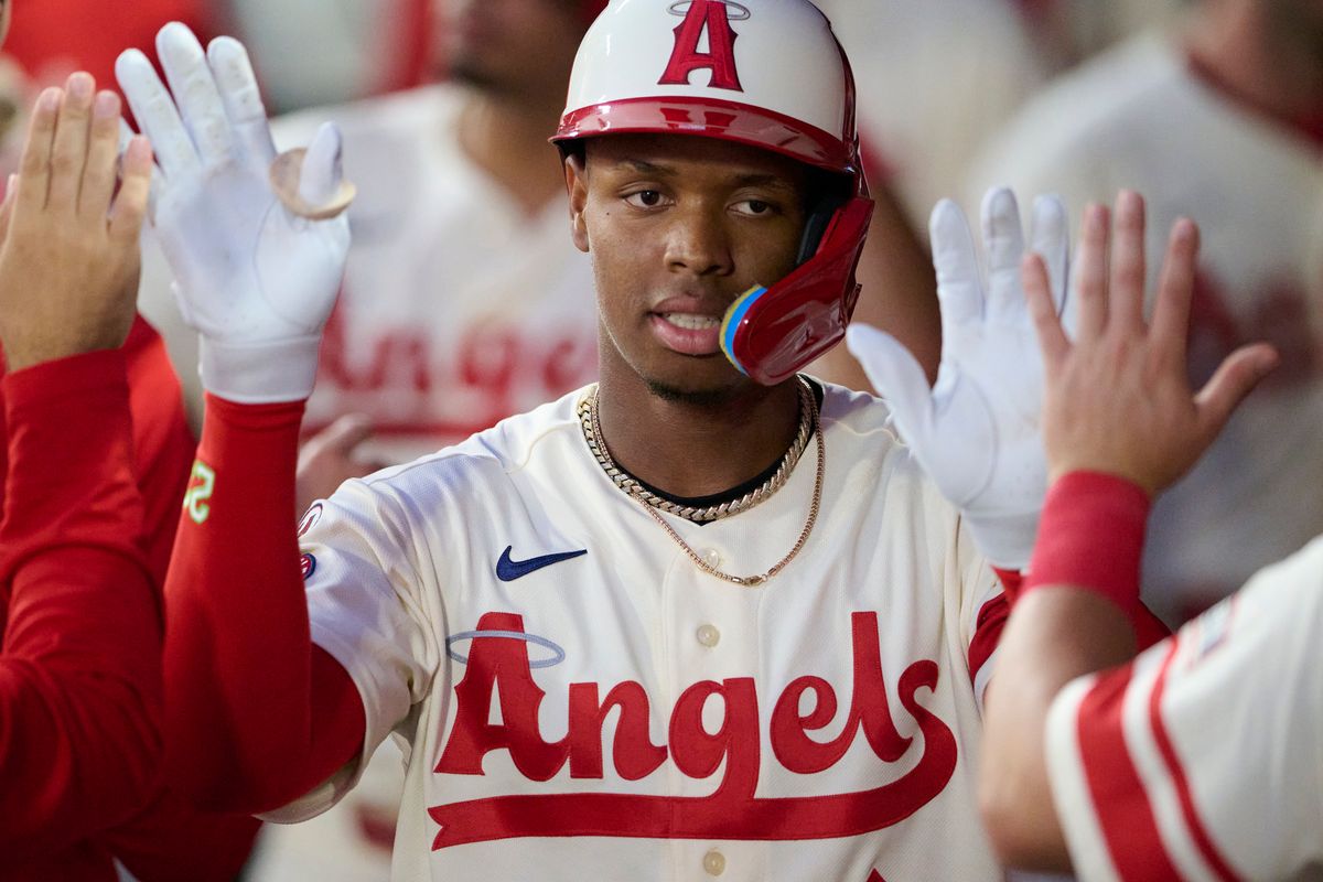 The Los Angeles Angels Denzer Guzman #23 celebrates a home-run during an MLB game against The Milwaukee Brewers on July 31st, 2026 at Angel Stadium in Anaheim, California.