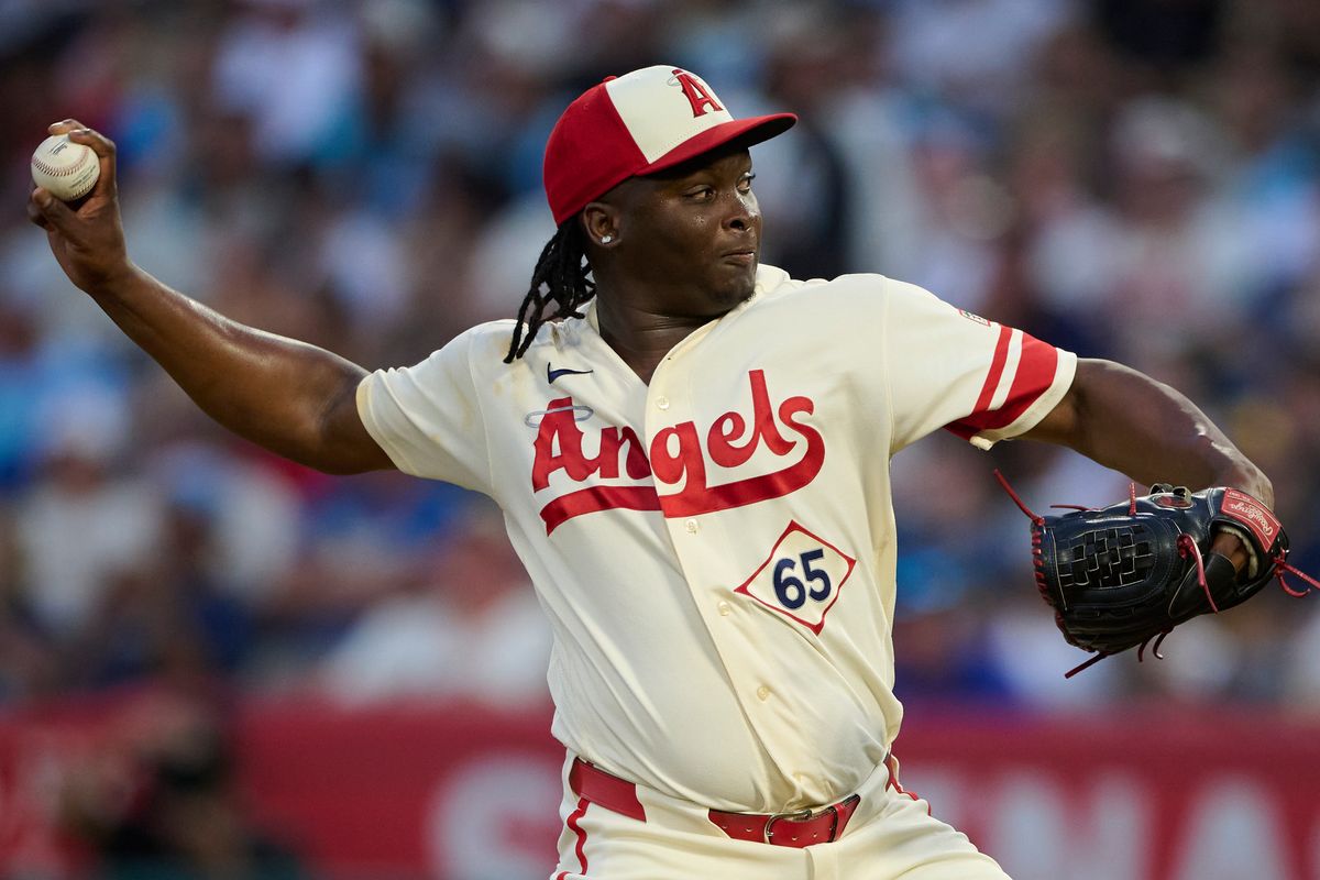 The Los Angeles Angels José Fermin #65 pitches during an MLB game against The Milwaukee Brewers on July 31st, 2026 at Angel Stadium in Anaheim, California.