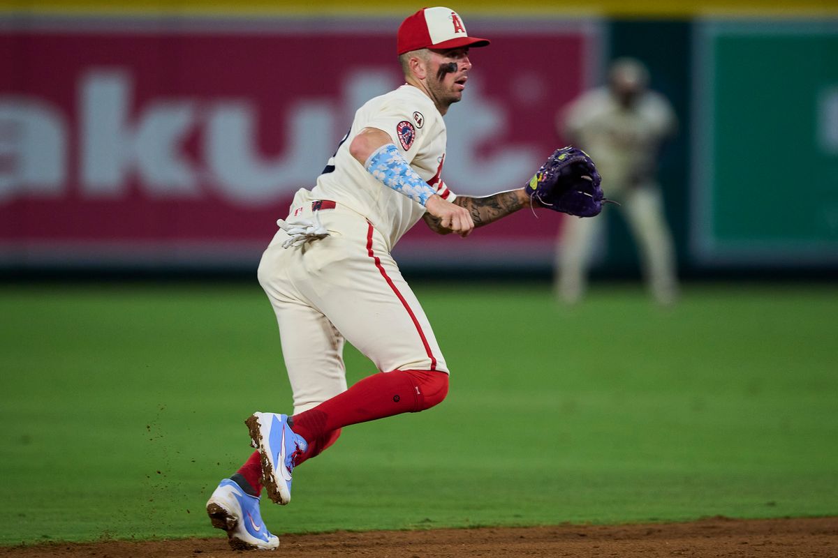 The Los Angeles Angels Zach Neto #9 on field during an MLB game against The Milwaukee Brewers on July 31st, 2026 at Angel Stadium in Anaheim, California