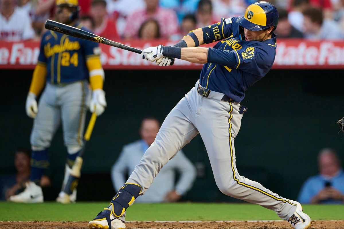 The Milwaukee Brewers Christian Yelich #22 at bat during an MLB game against The Los Angeles Angels on July 31st, 2026 at Angel Stadium in Anaheim, California.