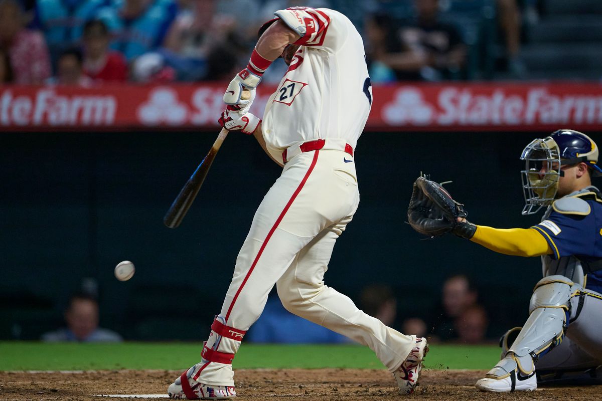 The Los Angeles Angels Mike Trout #27 at bat during an MLB game against The Milwaukee Brewers on July 31st, 2026 at Angel Stadium in Anaheim, California.