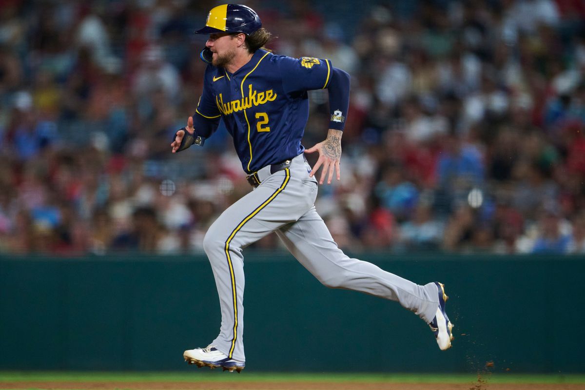 The Milwaukee Brewers Brice Turang #2 runs to second during an MLB game against The Los Angeles Angels on July 31st, 2026 at Angel Stadium in Anaheim, California.