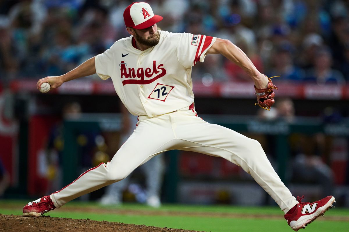 The Los Angeles Angels Luke Murphy #72 pitches during an MLB game against The Milwaukee Brewers on July 31st, 2026 at Angel Stadium in Anaheim, California