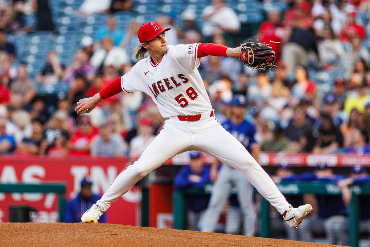 George Klassen #58 of the Los Angeles Angels throws a pitch during an MLB game against the Texas Rangers on August 12, 2026 at Angel Stadium in Anaheim, California. George Klassen #58 of the Los Angeles Angels throws a pitch during an MLB game against the Texas Rangers on August 12, 2026 at Angel Stadium in Anaheim, California.