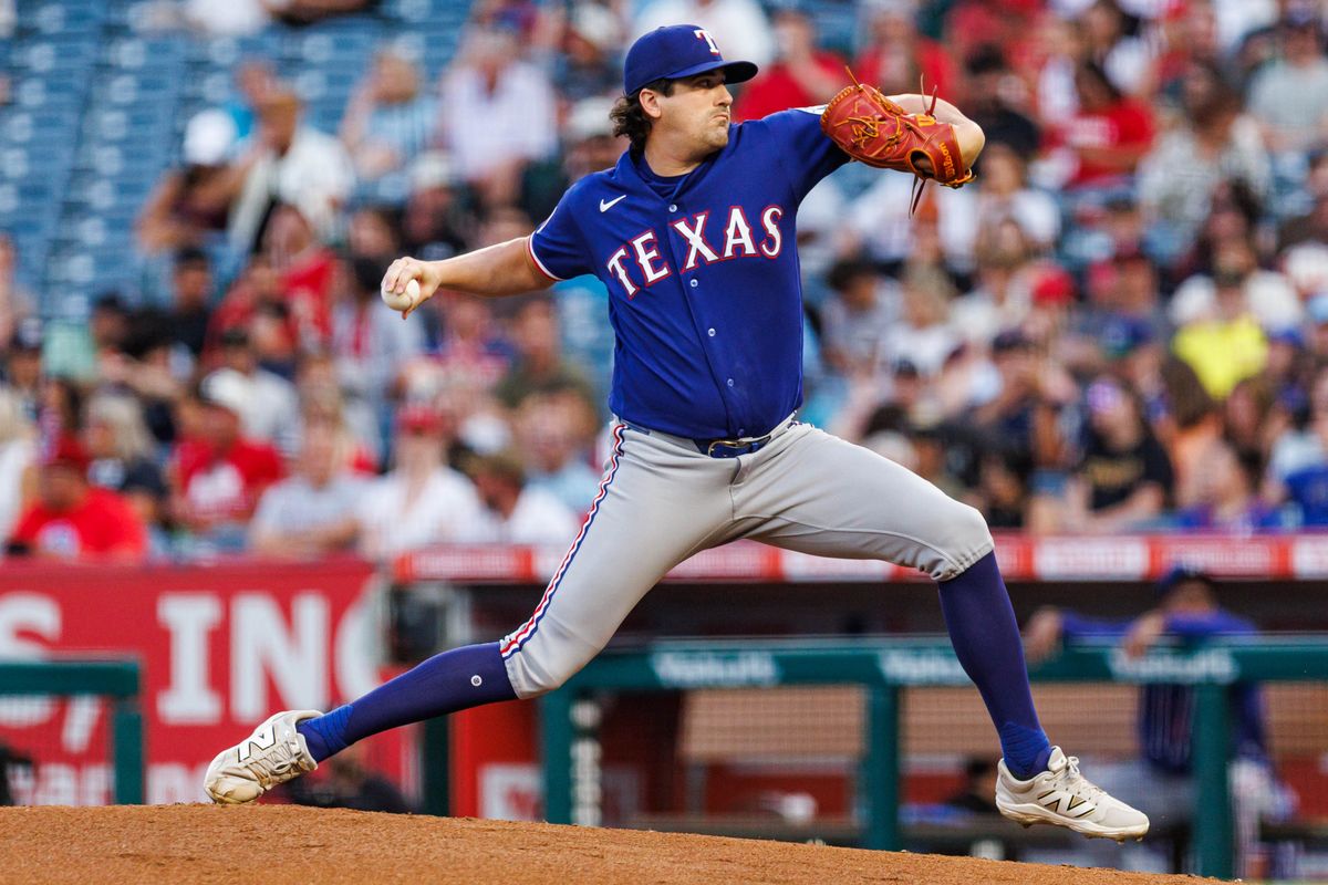 Cal Quantrill #44 of the Texas Rangers throws a pitch during an MLB game against the Los Angeles Angels on August 12, 2026 at Angel Stadium in Anaheim, California. Cal Quantrill #44 of the Texas Rangers throws a pitch during an MLB game against the Los Angeles Angels on August 12, 2026 at Angel Stadium in Anaheim, California.