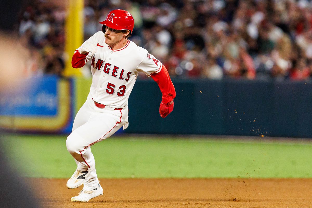 Wade Meckler #53 of the Los Angeles Angels sprints to second base during an MLB game against the Texas Rangers on August 12, 2026 at Angel Stadium in Anaheim, California. Wade Meckler #53 of the Los Angeles Angels sprints to second base during an MLB game against the Texas Rangers on August 12, 2026 at Angel Stadium in Anaheim, California.