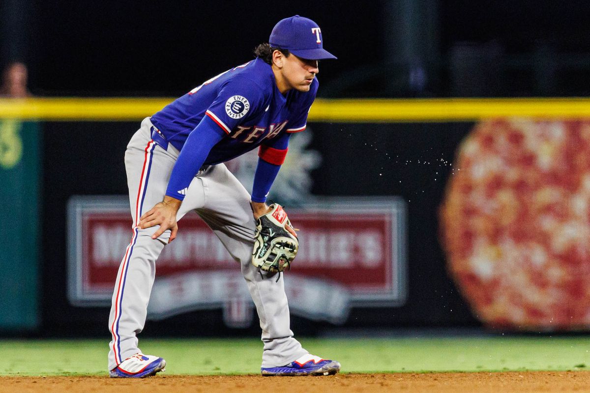 Nicky Lopez #33 of the Texas Rangers waits for the ball to come into play during an MLB game against the Los Angeles Angels on August 12, 2026 at Angel Stadium in Anaheim, California. Nicky Lopez #33 of the Texas Rangers waits for the ball to come into play during an MLB game against the Los Angeles Angels on August 12, 2026 at Angel Stadium in Anaheim, California.