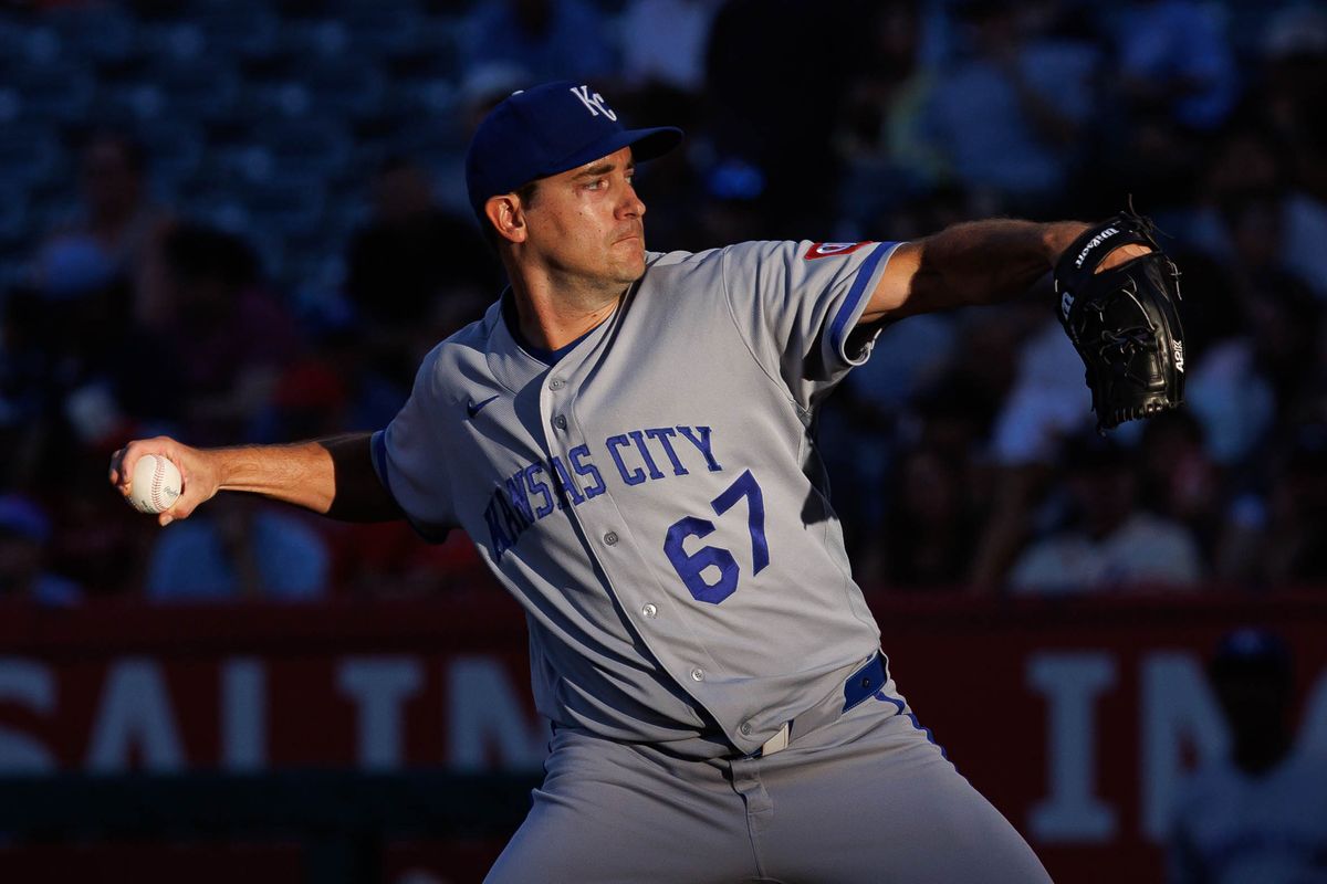 Seth Lugo #67 of the Kansas City Royals pitches during an MLB game against the Los Angeles Angels on August 14, 2026 at Angel Stadium in Anaheim, California. Seth Lugo #67 of the Kansas City Royals pitches during an MLB game against the Los Angeles Angels on August 14, 2026 at Angel Stadium in Anaheim, California.