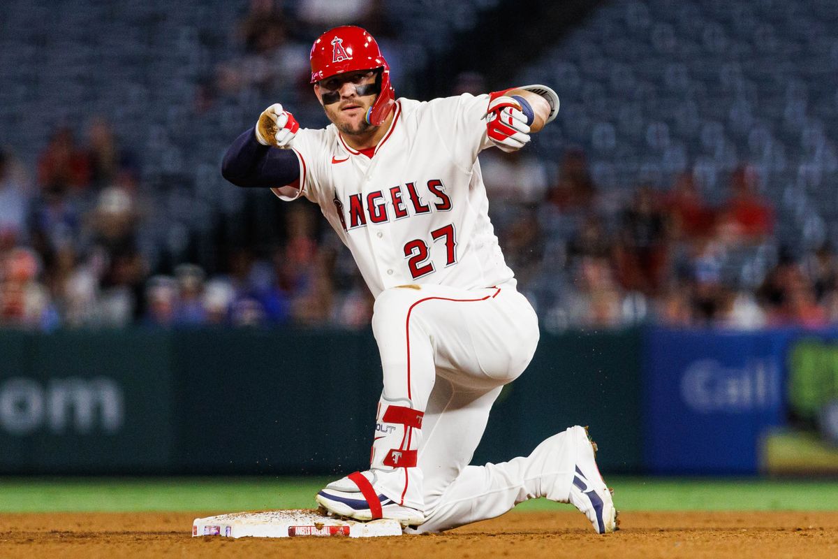 Mike Trout #27 of the Los Angeles Angels celebrates after hitting a double during an MLB game against the Kansas City Royals on August 14, 2026 at Angel Stadium in Anaheim, California. Mike Trout #27 of the Los Angeles Angels celebrates after hitting a double during an MLB game against the Kansas City Royals on August 14, 2026 at Angel Stadium in Anaheim, California.