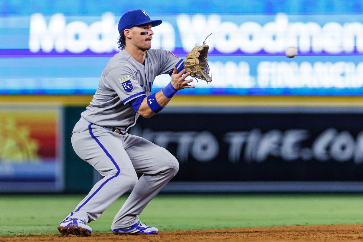 Bobby Witt Jr. #7 of the Kansas City Royals catches a line drive during an MLB game against the Los Angeles Angels on August 14, 2026 at Angel Stadium in Anaheim, California. Bobby Witt Jr. #7 of the Kansas City Royals catches a line drive during an MLB game against the Los Angeles Angels on August 14, 2026 at Angel Stadium in Anaheim, California.