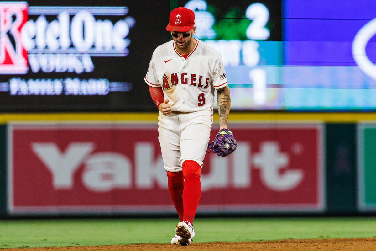 Zach Neto #9 of the Los Angeles Angels celebrates after an inning ending strikeout during an MLB game against the Kansas City Royals on August 14, 2026 at Angel Stadium in Anaheim, California. Zach Neto #9 of the Los Angeles Angels celebrates after an inning ending strikeout during an MLB game against the Kansas City Royals on August 14, 2026 at Angel Stadium in Anaheim, California.