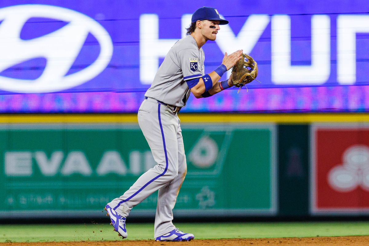 Bobby Witt Jr. #7 of the Kansas City Royals celebrates after an inning ending strikeout during an MLB game against the Los Angeles Angels on August 14, 2026 at Angel Stadium in Anaheim, California. Bobby Witt Jr. #7 of the Kansas City Royals celebrates after an inning ending strikeout during an MLB game against the Los Angeles Angels on August 14, 2026 at Angel Stadium in Anaheim, California.