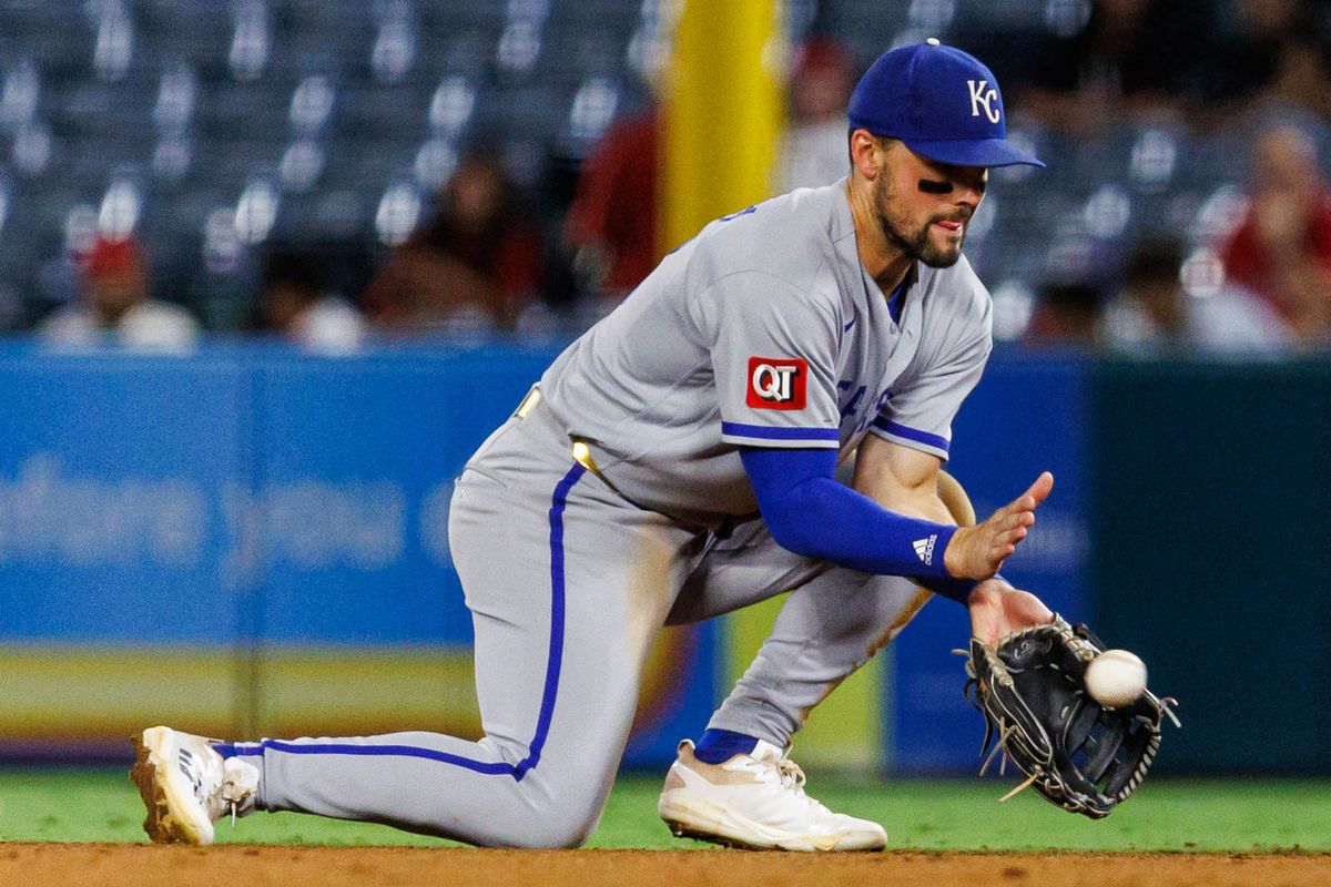 Michael Massey #19 of the Kansas City Royals fields a ground ball during an MLB game against the Los Angeles Angels on August 14, 2026 at Angel Stadium in Anaheim, California. Michael Massey #19 of the Kansas City Royals fields a ground ball during an MLB game against the Los Angeles Angels on August 14, 2026 at Angel Stadium in Anaheim, California.