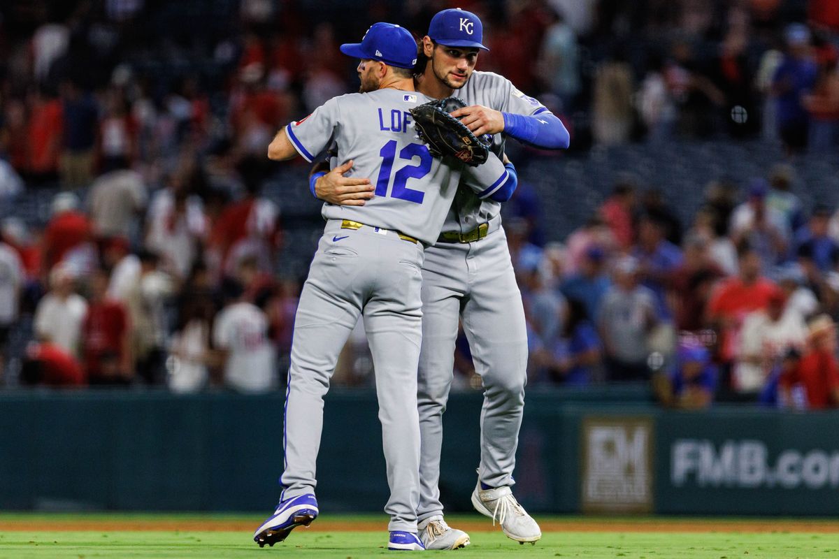 Nick Loftin #12 of the Kansas City Royals celebrates with teammate Jac Caglianone #14 after winning 7-6 during an MLB game against the Los Angeles Angels on August 14, 2026 at Angel Stadium in Anaheim, California. Nick Loftin #12 of the Kansas City Royals celebrates with teammate Jac Caglianone #14 after winning 7-6 during an MLB game against the Los Angeles Angels on August 14, 2026 at Angel Stadium in Anaheim, California.