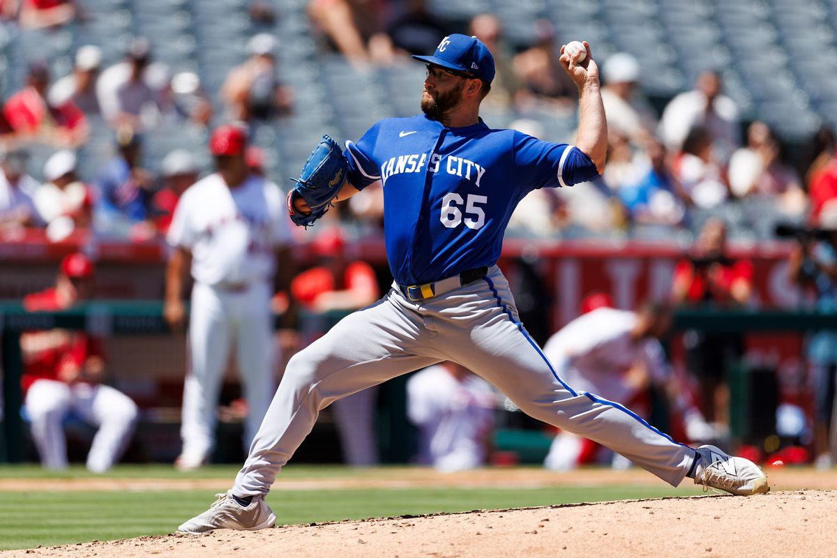 Noah Cameron #65 of the Kansas City Royals pitches during the game against the Los Angeles Angels at Angel Stadium of Anaheim on August 16, 2026 in Anaheim, California. Noah Cameron #65 of the Kansas City Royals pitches during the game against the Los Angeles Angels at Angel Stadium of Anaheim on August 16, 2026 in Anaheim, California.