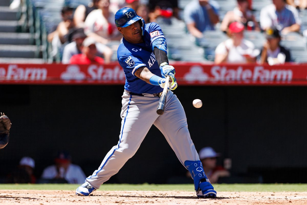 Salvador Perez #13 of the Kansas City Royals hits during the game against the Los Angeles Angels at Angel Stadium of Anaheim on August 16, 2026 in Anaheim, California. Salvador Perez #13 of the Kansas City Royals hits during the game against the Los Angeles Angels at Angel Stadium of Anaheim on August 16, 2026 in Anaheim, California.