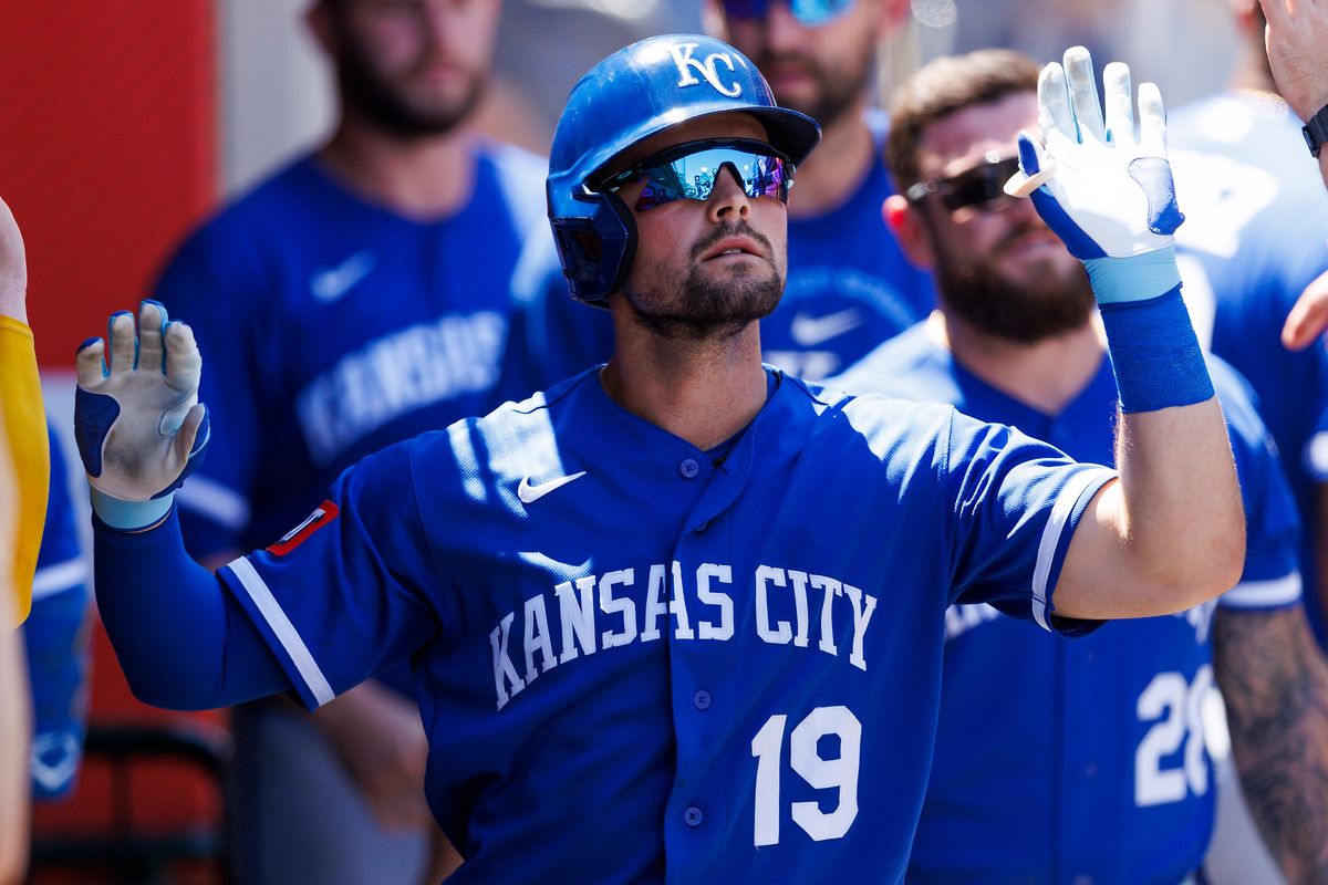 Michael Massey #19 of the Kansas City Royals celebrates a home run with teammates in the dugout during the game against the Los Angeles Angels at Angel Stadium of Anaheim on August 16, 2026 in Anaheim, California. Michael Massey #19 of the Kansas City Royals celebrates a home run with teammates in the dugout during the game against the Los Angeles Angels at Angel Stadium of Anaheim on August 16, 2026 in Anaheim, California.