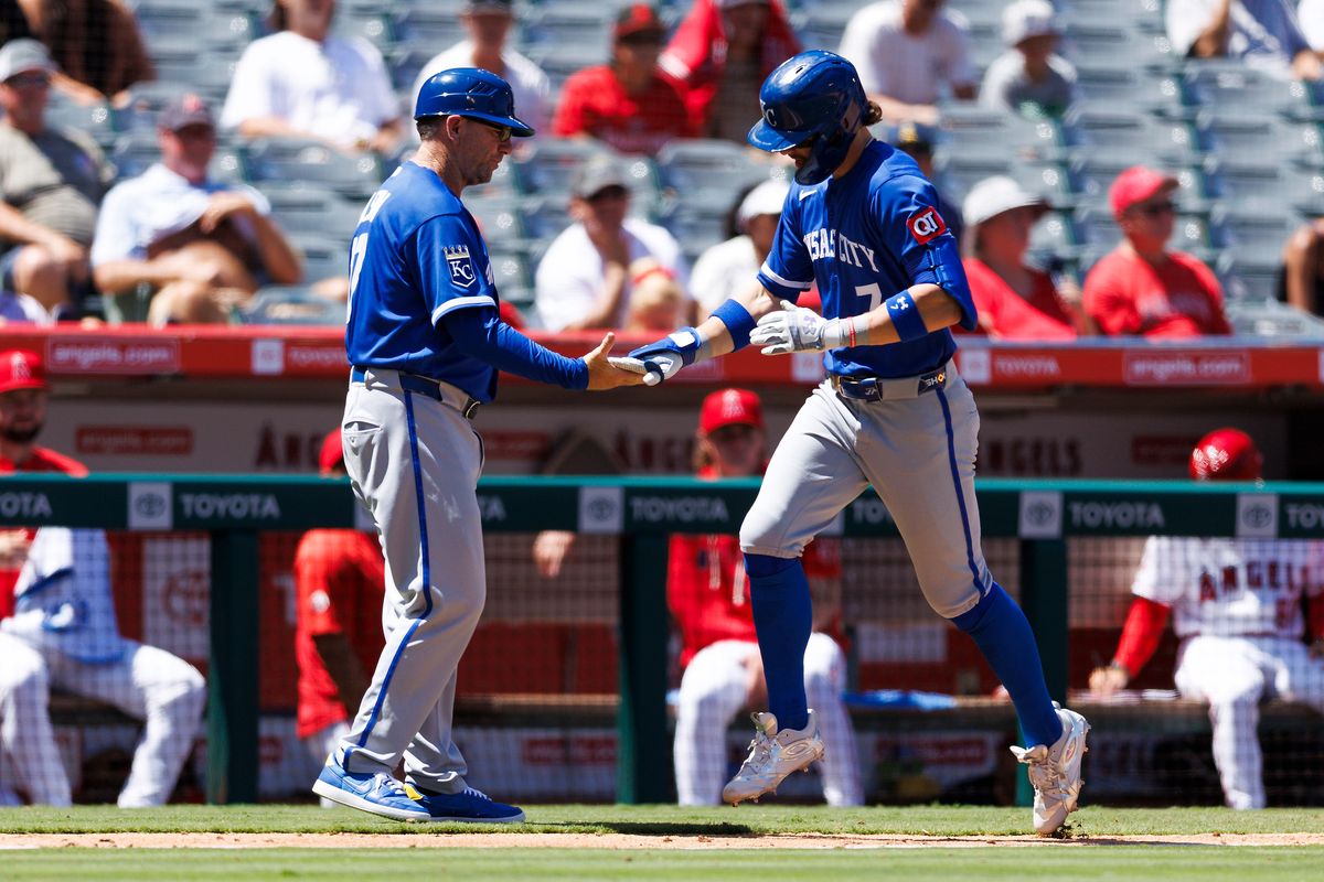 Bobby Witt Jr. #7 of the Kansas City Royals celebrates a home run during the game against the Los Angeles Angels at Angel Stadium of Anaheim on August 16, 2026 in Anaheim, California. Bobby Witt Jr. #7 of the Kansas City Royals celebrates a home run during the game against the Los Angeles Angels at Angel Stadium of Anaheim on August 16, 2026 in Anaheim, California.