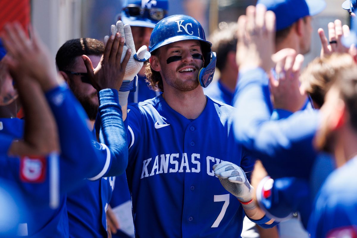 Bobby Witt Jr. #7 of the Kansas City Royals celebrates a home run with teammates in the dugout during the game against the Los Angeles Angels at Angel Stadium of Anaheim on August 16, 2026 in Anaheim, California. Bobby Witt Jr. #7 of the Kansas City Royals celebrates a home run with teammates in the dugout during the game against the Los Angeles Angels at Angel Stadium of Anaheim on August 16, 2026 in Anaheim, California.