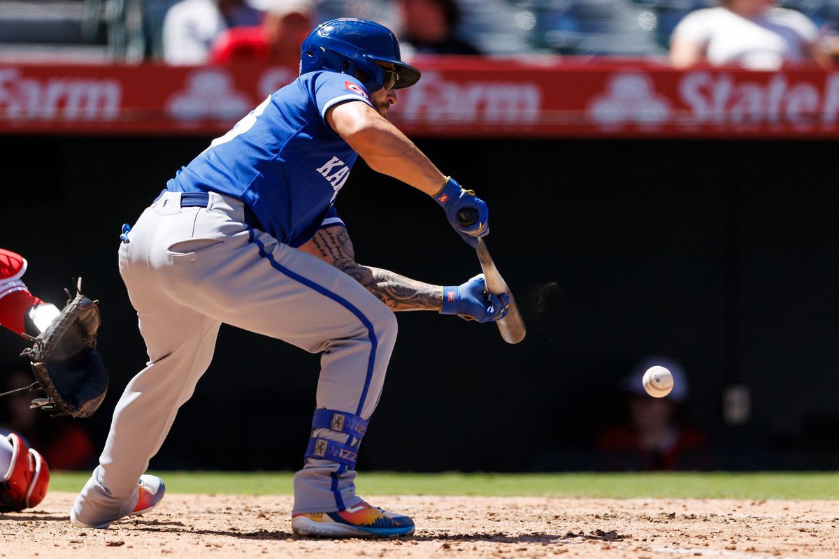 Kyle Isbel #28 of the Kansas City Royals bunts during the game against the Los Angeles Angels at Angel Stadium of Anaheim on August 16, 2026 in Anaheim, California. Kyle Isbel #28 of the Kansas City Royals bunts during the game against the Los Angeles Angels at Angel Stadium of Anaheim on August 16, 2026 in Anaheim, California.