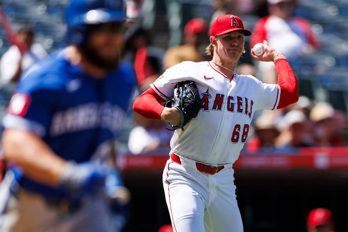 Blake Weiman #68 of the Los Angeles Angels throws to first base during the game against the Kansas City Royals at Angel Stadium of Anaheim on August 16, 2026 in Anaheim, California. Blake Weiman #68 of the Los Angeles Angels throws to first base during the game against the Kansas City Royals at Angel Stadium of Anaheim on August 16, 2026 in Anaheim, California.