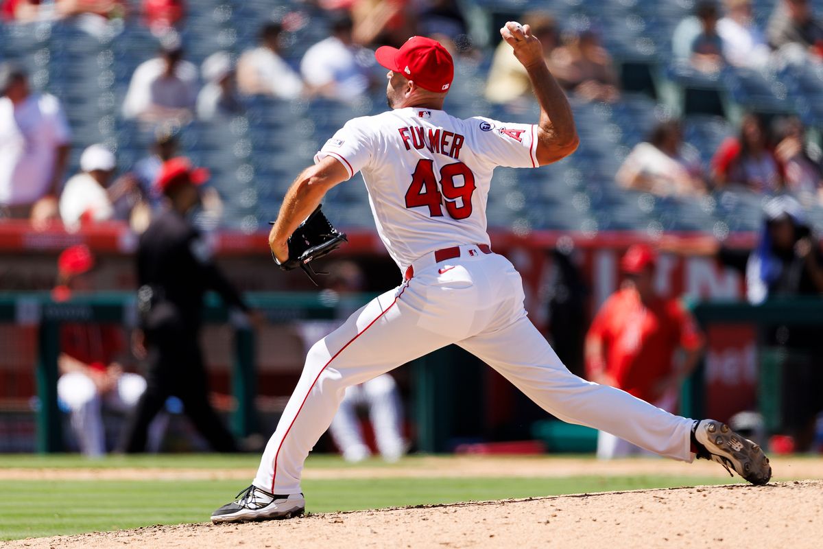 Michael Fulmer #49 of the Los Angeles Angels pitches during the game against the Kansas City Royals at Angel Stadium of Anaheim on August 16, 2026 in Anaheim, California. Michael Fulmer #49 of the Los Angeles Angels pitches during the game against the Kansas City Royals at Angel Stadium of Anaheim on August 16, 2026 in Anaheim, California.