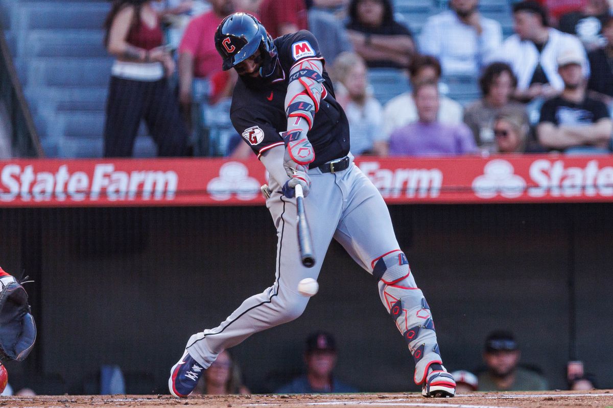 Jo Adell #7 of the Cleveland Guardians swings and misses during an MLB game against the Los Angeles Angels on August 24, 2026 at Angel Stadium in Anaheim, California. Jo Adell #7 of the Cleveland Guardians swings and misses during an MLB game against the Los Angeles Angels on August 24, 2026 at Angel Stadium in Anaheim, California.