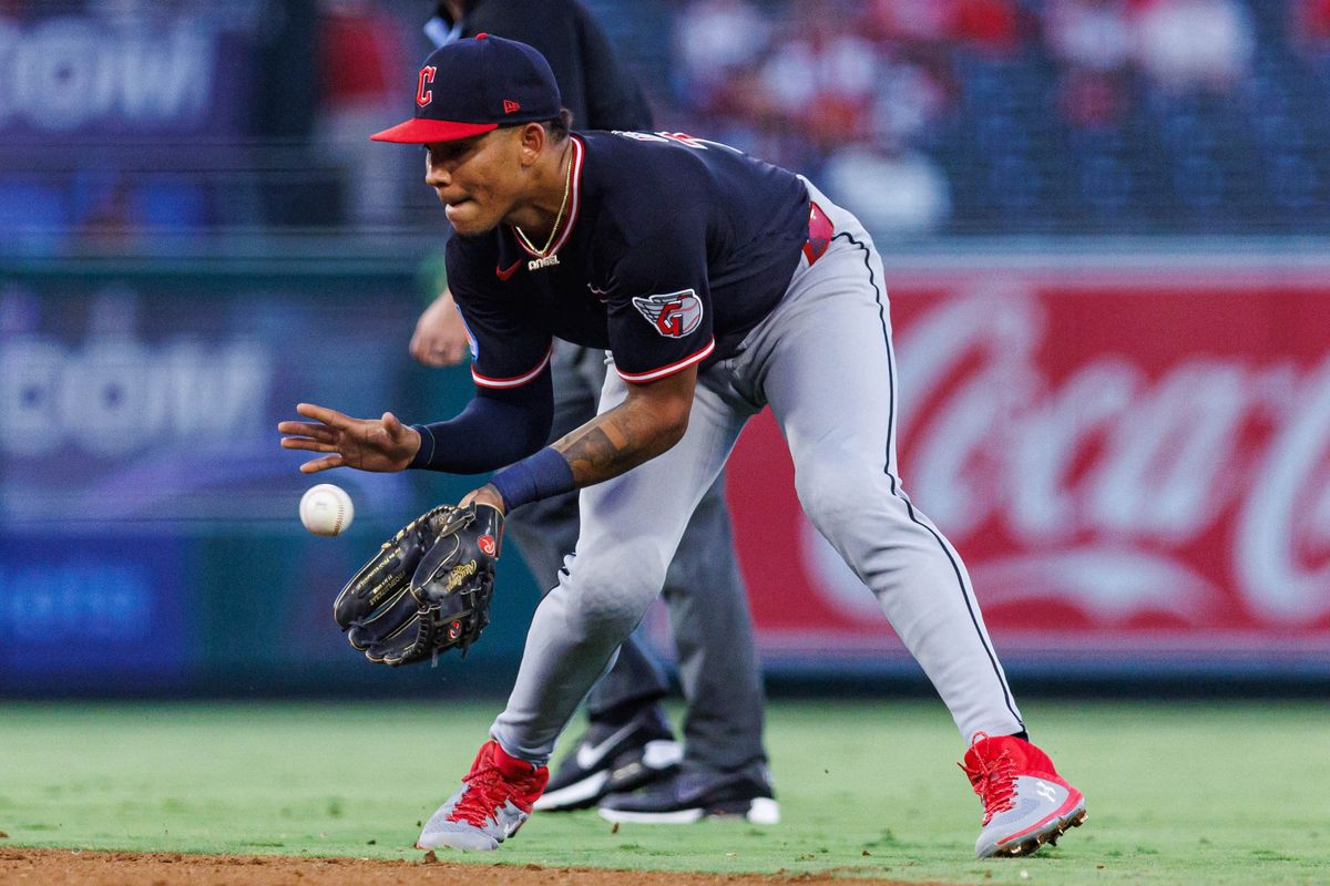Angel Genao #17 of the Cleveland Guardians fields a ground ball during an MLB game against the Los Angeles Angels on August 24, 2026 at Angel Stadium in Anaheim, California. Angel Genao #17 of the Cleveland Guardians fields a ground ball during an MLB game against the Los Angeles Angels on August 24, 2026 at Angel Stadium in Anaheim, California.
