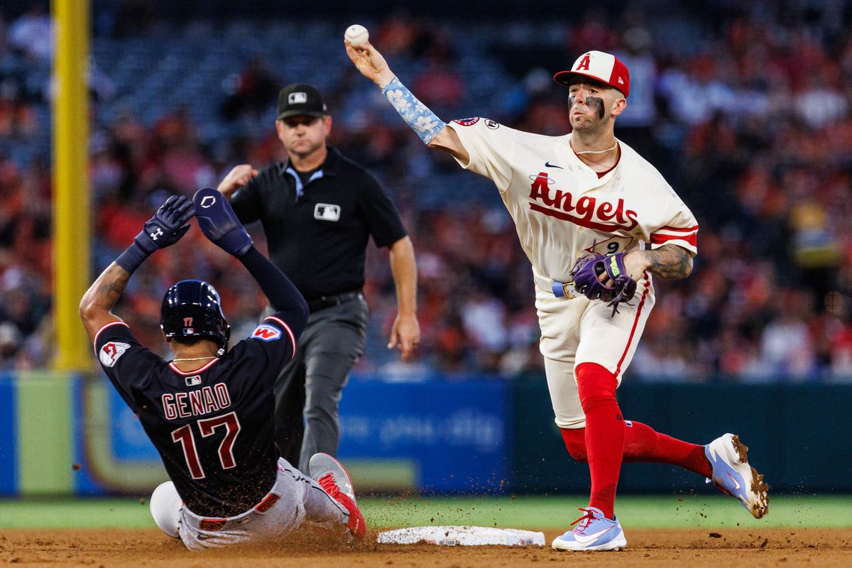 Zach Neto #9 of the Los Angeles Angels throws to first base to complete the double play during an MLB game against the Cleveland Guardians on August 24, 2026 at Angel Stadium in Anaheim, California. Zach Neto #9 of the Los Angeles Angels throws to first base to complete the double play during an MLB game against the Cleveland Guardians on August 24, 2026 at Angel Stadium in Anaheim, California.