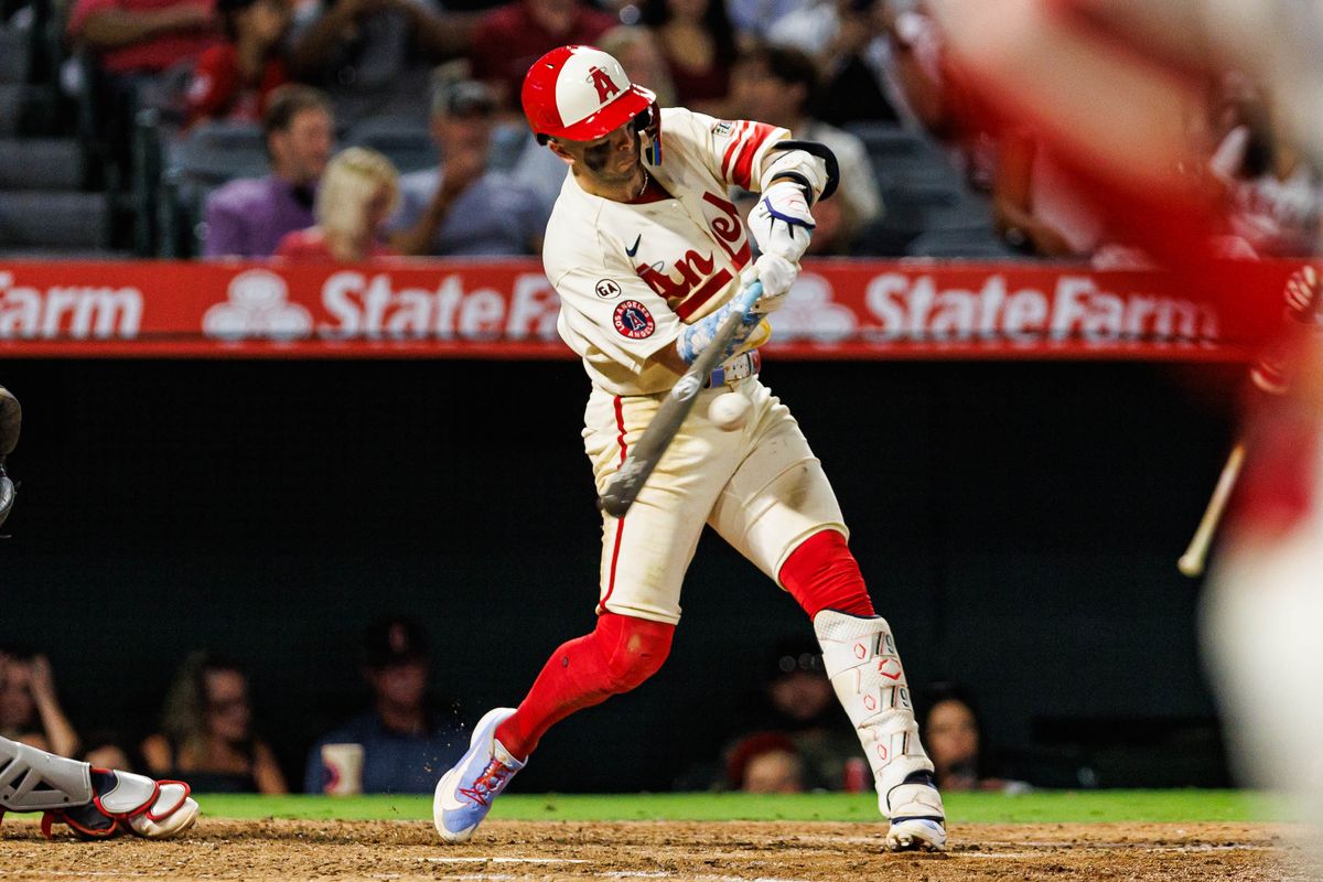 Zach Neto #9 of the Los Angeles Angels hits the ball during an MLB game against the Cleveland Guardians on August 24, 2026 at Angel Stadium in Anaheim, California. Zach Neto #9 of the Los Angeles Angels hits the ball during an MLB game against the Cleveland Guardians on August 24, 2026 at Angel Stadium in Anaheim, California.