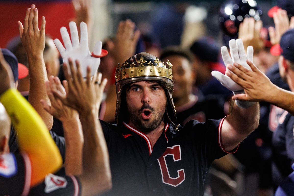 Austin Hedges #27 of the Cleveland Guardians is welcomed after hitting a 2 run home run during an MLB game against the Los Angeles Angels on August 24, 2026 at Angel Stadium in Anaheim, California. Austin Hedges #27 of the Cleveland Guardians is welcomed after hitting a 2 run home run during an MLB game against the Los Angeles Angels on August 24, 2026 at Angel Stadium in Anaheim, California.