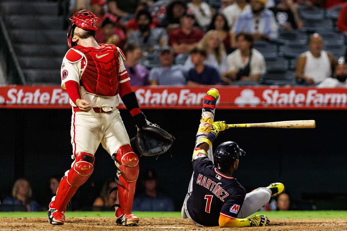 Angel Martinez #1 of the Cleveland Guardians swings and slips during an MLB game against the Los Angeles Angels on August 24, 2026 at Angel Stadium in Anaheim, California. Angel Martinez #1 of the Cleveland Guardians swings and slips during an MLB game against the Los Angeles Angels on August 24, 2026 at Angel Stadium in Anaheim, California.