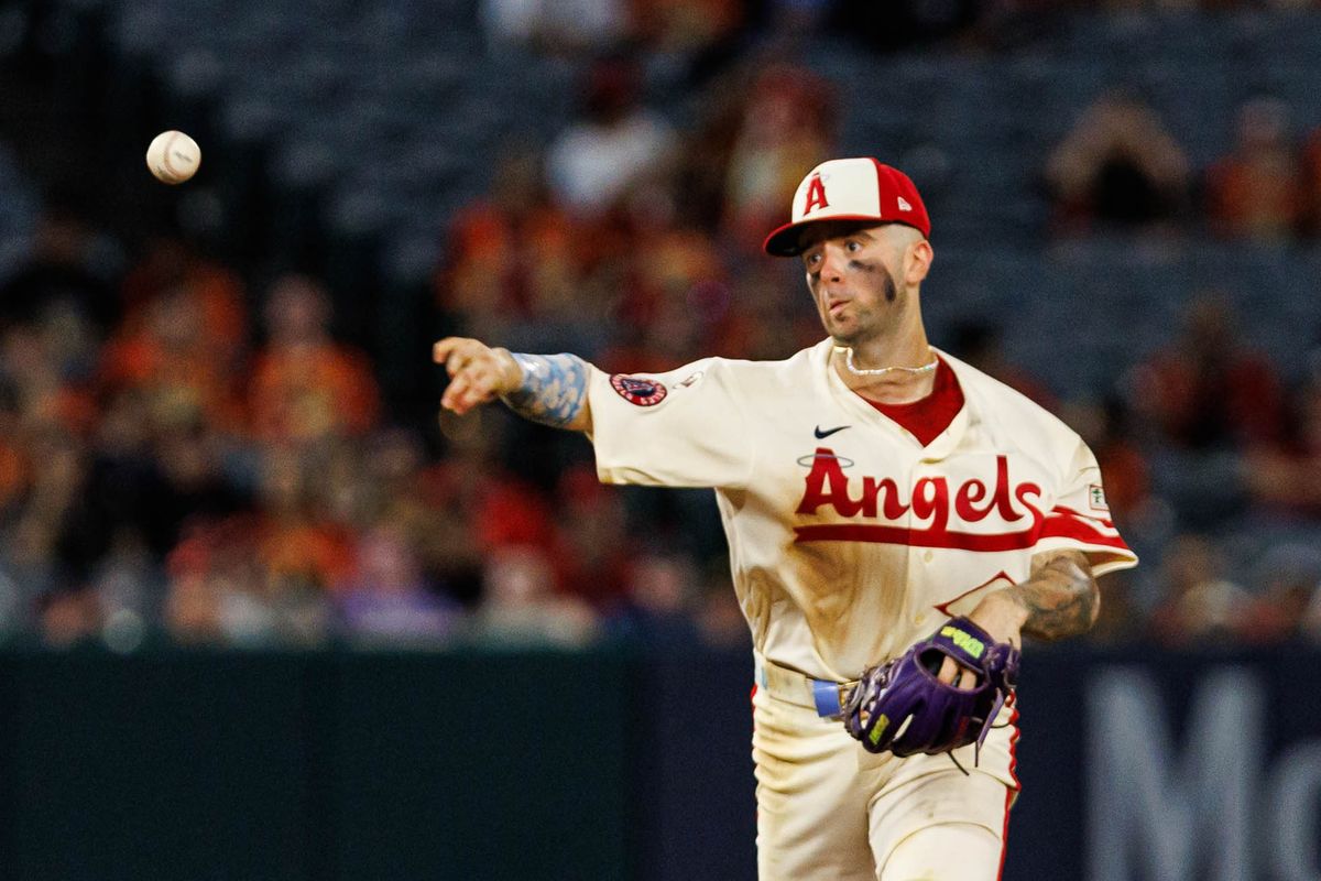 Zach Neto #9 of the Los Angeles Angels throws the ball to first base during an MLB game against the Cleveland Guardians on August 24, 2026 at Angel Stadium in Anaheim, California. Zach Neto #9 of the Los Angeles Angels throws the ball to first base during an MLB game against the Cleveland Guardians on August 24, 2026 at Angel Stadium in Anaheim, California.