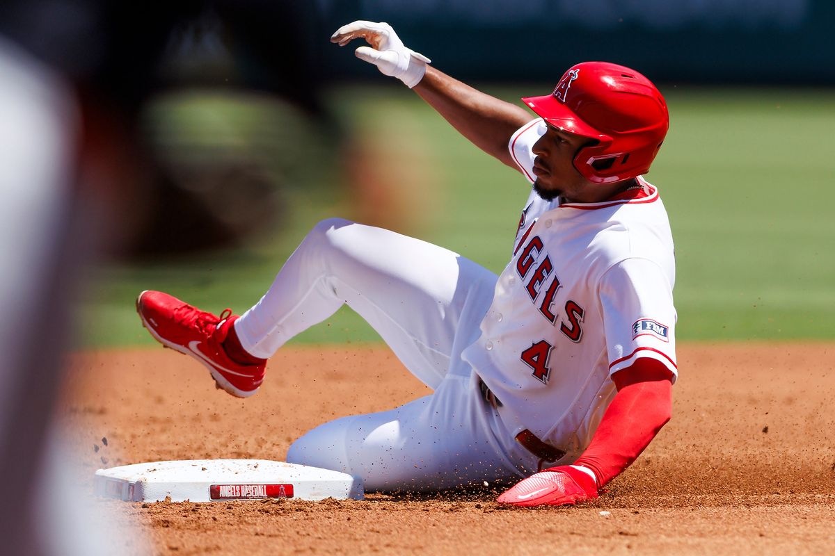 Christian Moore #4 of the Los Angeles Angels slides into second base during the game against the Cleveland Guardians at Angel Stadium of Anaheim on August 26, 2026 in Anaheim, California. 