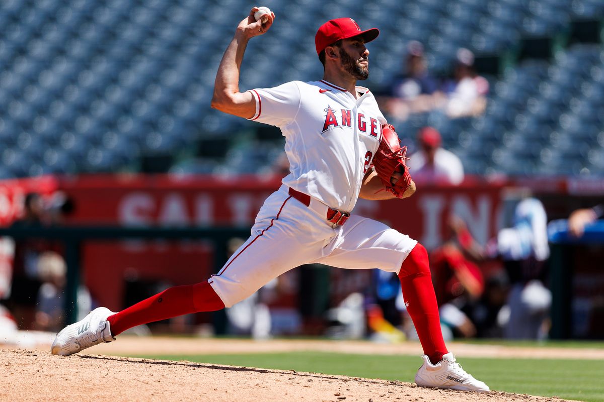 Grayson Rodriguez #21 of the Los Angeles Angels pitches during the game against the Cleveland Guardians at Angel Stadium of Anaheim on August 26, 2026 in Anaheim, California. 