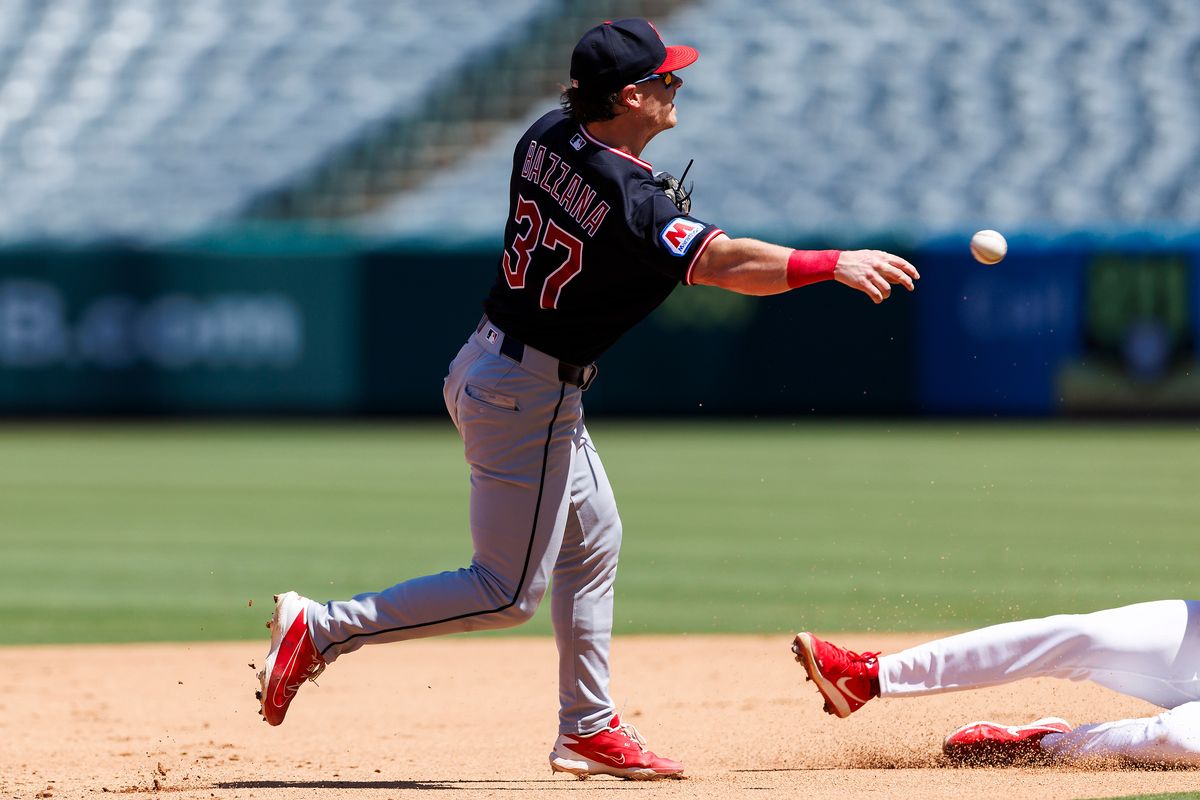 Travis Bazzana #37 of the Cleveland Guardians throws to first base during the game against the Los Angeles Angels at Angel Stadium of Anaheim on August 26, 2026 in Anaheim, California. 