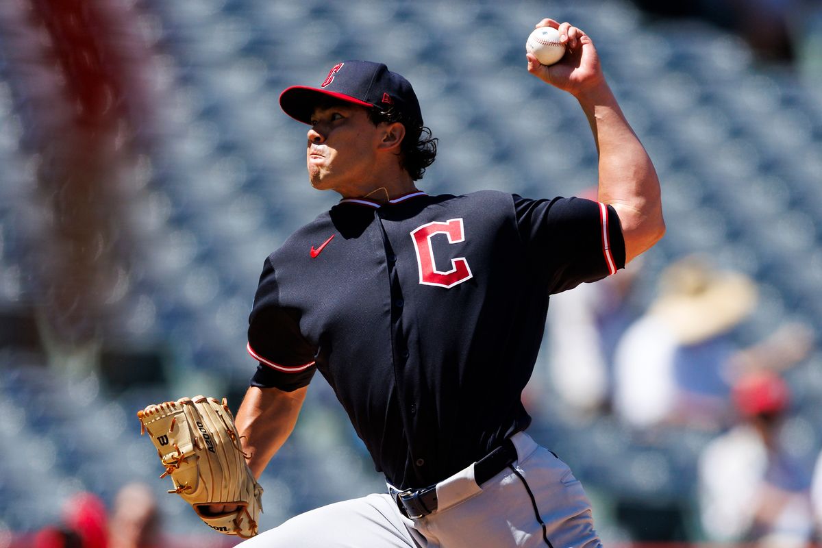 Joey Cantillo #54 of the Cleveland Guardians pitches during the game against the Cleveland Guardians at Angel Stadium of Anaheim on August 26, 2026 in Anaheim, California.