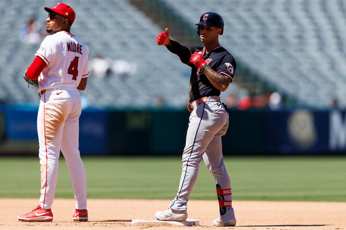 Brayan Rocchio #4 of the Cleveland Guardians celebrates a double during the game against the Los Angeles Angels at Angel Stadium of Anaheim on August 26, 2026 in Anaheim, California. 