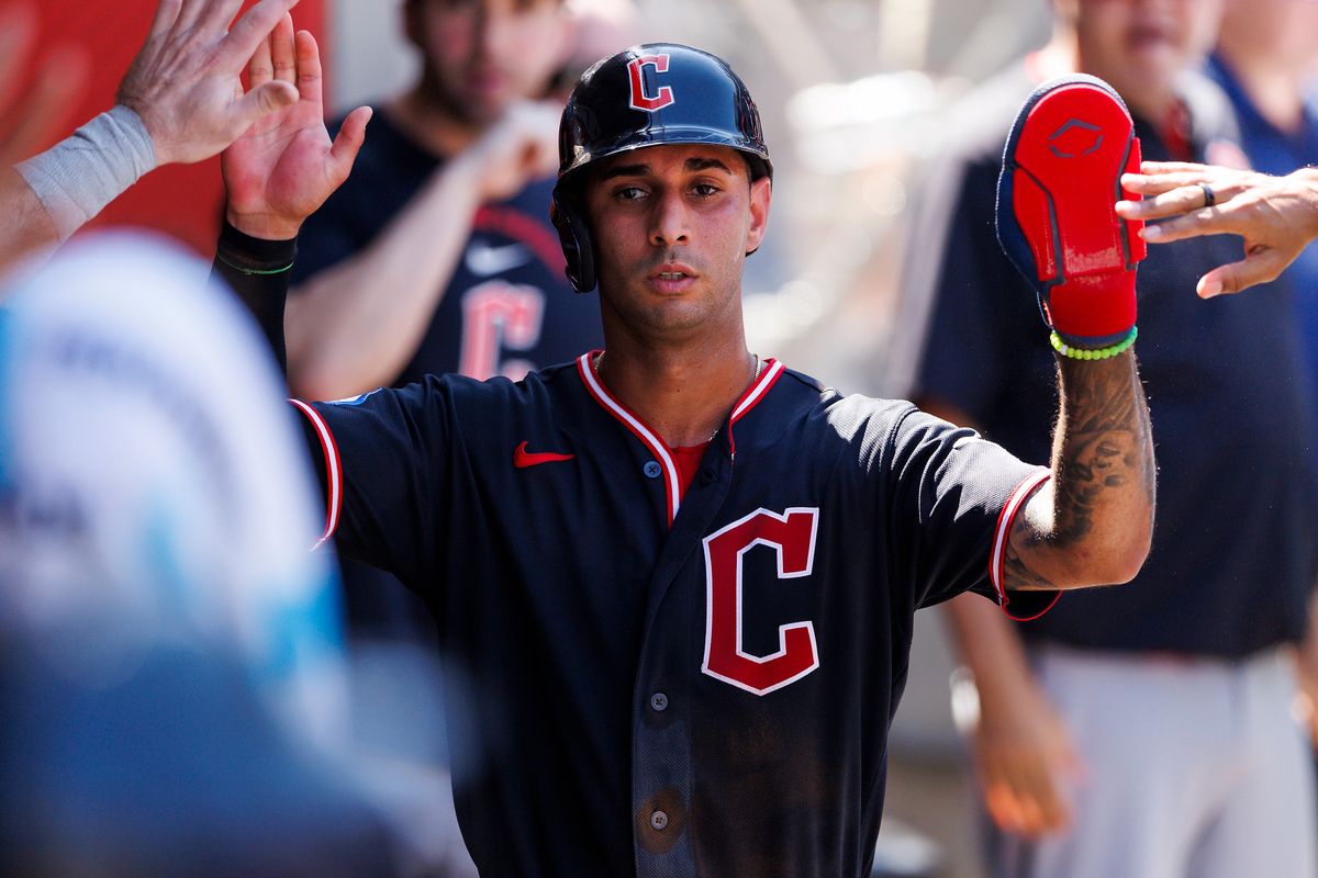 Brayan Rocchio #4 of the Cleveland Guardians celebrates in the dugout during the game against the Los Angeles Angels at Angel Stadium of Anaheim on August 26, 2026 in Anaheim, California. 