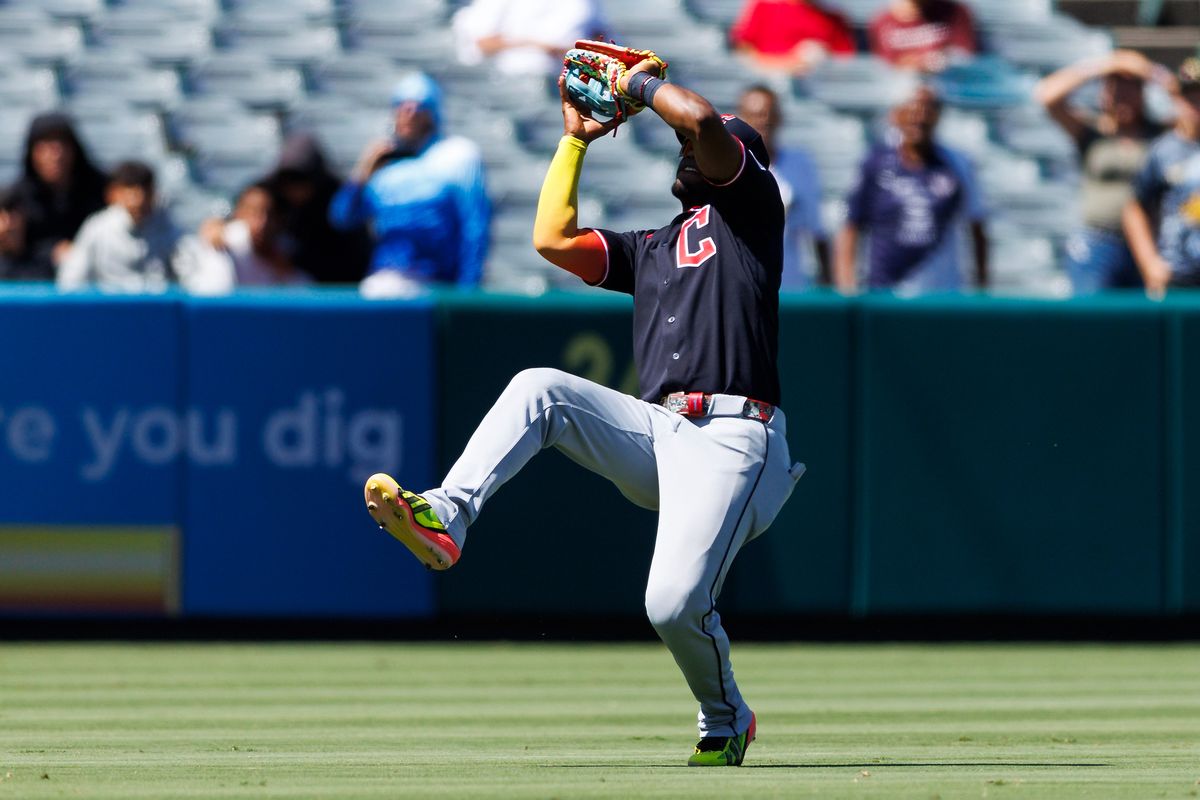 Angel Martinez #1 of the Cleveland Guardians catches a fly ball during the game against the Los Angeles Angels at Angel Stadium of Anaheim on August 26, 2026 in Anaheim, California. 