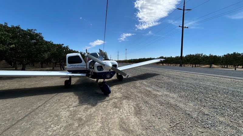 A small plane registered in Redding, Calif., made an emergency landing on a road in western Fresno County after an engine failure on Thursday afternoon, Aug. 13, 2026. (Courtesy: Fresno County Sheriff's Office)