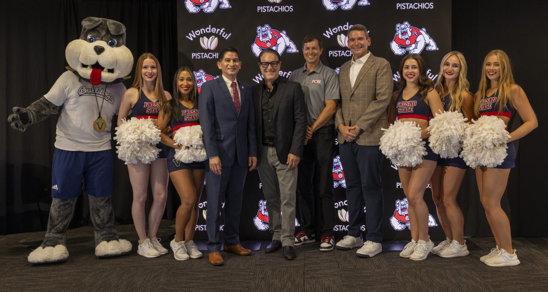 Press Conference_Fresno State Mascot, Cheerleaders with Saúl Jiménez-Sandoval, president of Fresno State; Garrett Klassy, Fresno State director of a
