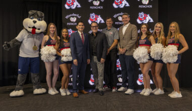 Press Conference_Fresno State Mascot, Cheerleaders with Saúl Jiménez-Sandoval, president of Fresno State; Garrett Klassy, Fresno State director of a