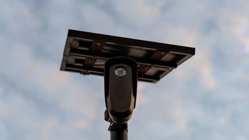 FILE - A Flock Safety license plate reader is seen along a public road, Thursday, Oct. 16, 2025, in Houston. (AP Photo/David Goldman, File)
