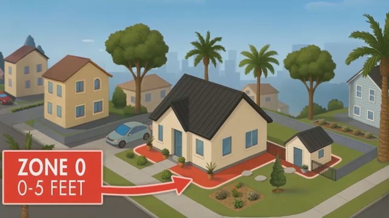 An illustration shows the 5-foot Zone 0 area around homes, intended to reduce the risk of structures igniting from embers during a wildfire. (Board of Forestry and Fire Protection)
