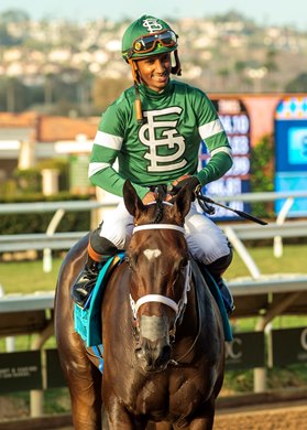 Jockey Micah Husbands guides Eunomia to the winner's circle after their victory in the Grade I, $400,000 Clemnt L. Hirsch Stakes, Saturday, August 1, 2026 at Del Mar Thoroughbred Club, Del Mar CA. © BENOIT PHOTO